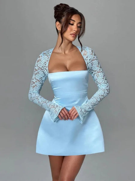 Mozision Lace Long Sleeve Sexy Mini Dress For Women Robe Square Collar Backless A-line High Waist Club Party Sexy Dress Fashion