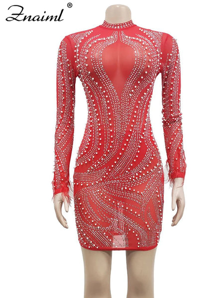 Znaiml 2024 Elengat Evening Pearls Diamond Red Party Dresses Women Feathers Rhinestone Sheer Mesh Bodycon Robe Birthday Vestido