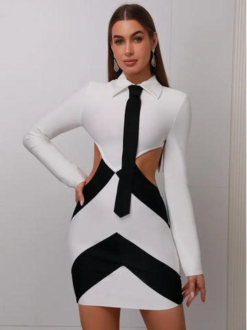 Women Sexy Long Sleeve Patchwork Black White Tie Cut Out Mini Bandage Dress 2023 Elegant Christmas Evening Club Party Dress