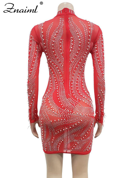 Znaiml 2024 Elengat Evening Pearls Diamond Red Party Dresses Women Feathers Rhinestone Sheer Mesh Bodycon Robe Birthday Vestido