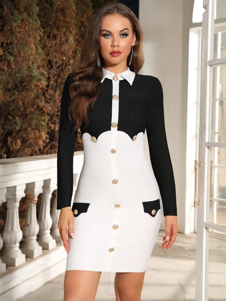 Women Celebrity Sexy Long Sleeve Button Patchwork Black White Mini Bandage Dress 2024 Knitted Elegant Evening Club Party Outfit