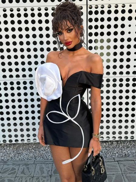 Women Celebrity Sexy Off Shoulder White Flower Black Mini Bodycon Bandage Dress 2024 Elegant Evening Club Party Dress