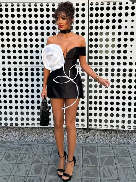 Women Celebrity Sexy Off Shoulder White Flower Black Mini Bodycon Bandage Dress 2024 Elegant Evening Club Party Dress