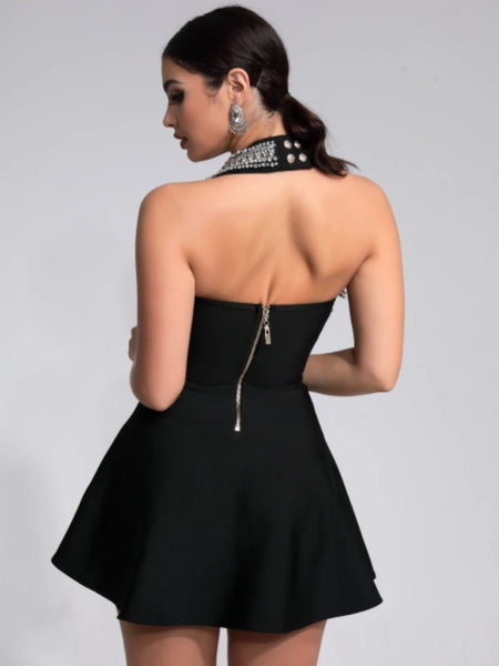 Women Celebrity Luxury Sexy Backless Halter Black Beading A Line Bandage Dress 2024 Knitted Elegant Evening Club Party Outfit