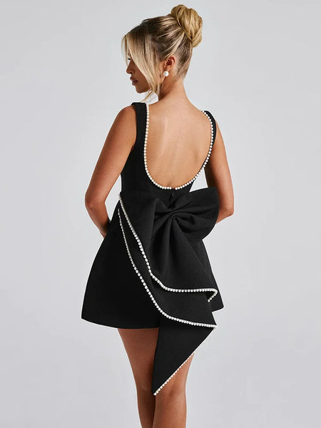 Mozision Pearl Bow Backless Sexy Mini Dress For Women Robe Fashion Zipper Sleeveless High Waist A-line Club Party Dress Elegant