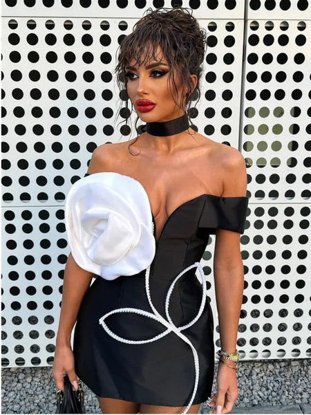 Women Celebrity Sexy Off Shoulder White Flower Black Mini Bodycon Bandage Dress 2024 Elegant Evening Club Party Dress