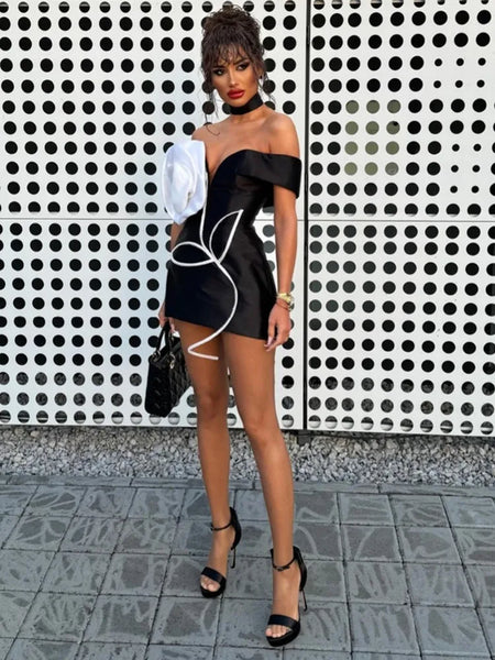 Women Celebrity Sexy Off Shoulder White Flower Black Mini Bodycon Bandage Dress 2024 Elegant Evening Club Party Dress