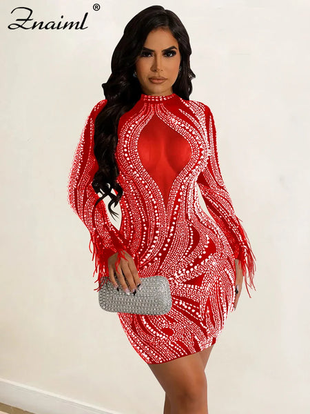 Znaiml 2024 Elengat Evening Pearls Diamond Red Party Dresses Women Feathers Rhinestone Sheer Mesh Bodycon Robe Birthday Vestido