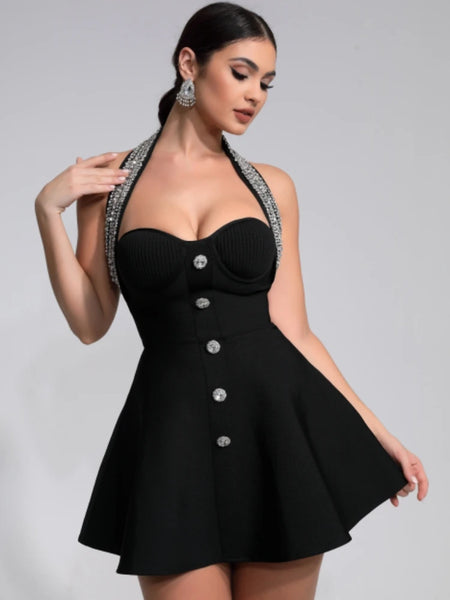 Women Celebrity Luxury Sexy Backless Halter Black Beading A Line Bandage Dress 2024 Knitted Elegant Evening Club Party Outfit