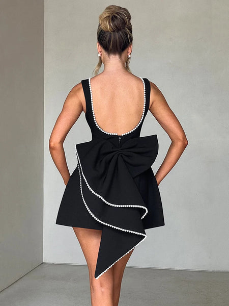 Mozision Pearl Bow Backless Sexy Mini Dress For Women Robe Fashion Zipper Sleeveless High Waist A-line Club Party Dress Elegant