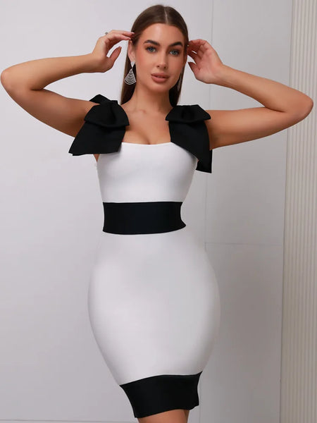 Women Celebrity Sexy V Neck Bow Tie Patchwork Black White Mini Bodycon Bandage Dress 2023 Elegant Evening Club Party Dress