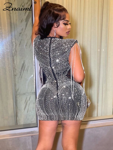 Znaiml Luxury Mesh Sheer Patchwork Sparkly Night Club Party Prom Dresses for Women Crystal Diamonds Rhinestone Birthday Vestidos