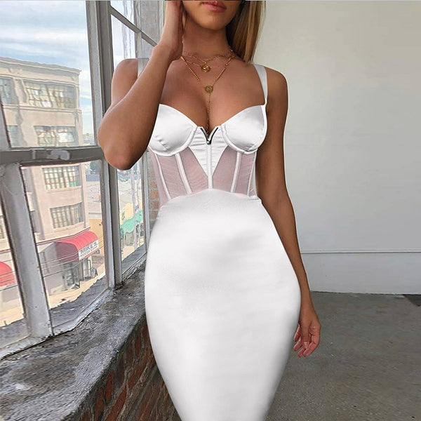 Bandage Dress Summer Women&#39;s 2021 Black Bodycon Dress Rayon Mesh Insert  Ladies White Red Sexy Party Dress Evening Club Outfits
